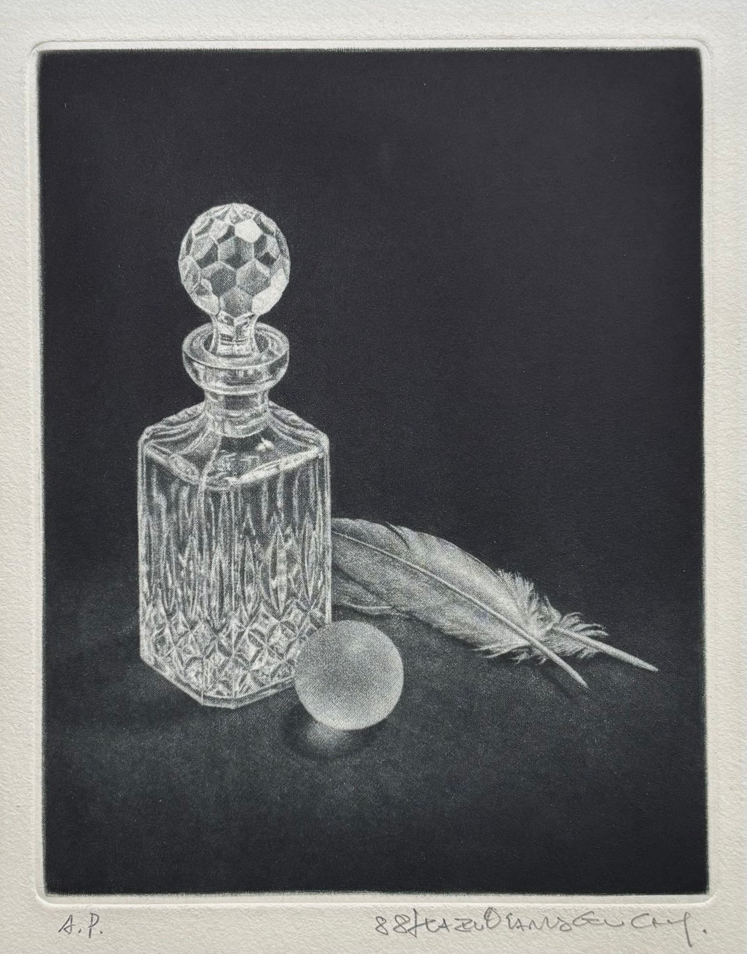 - Glass Bottle and Feathers -