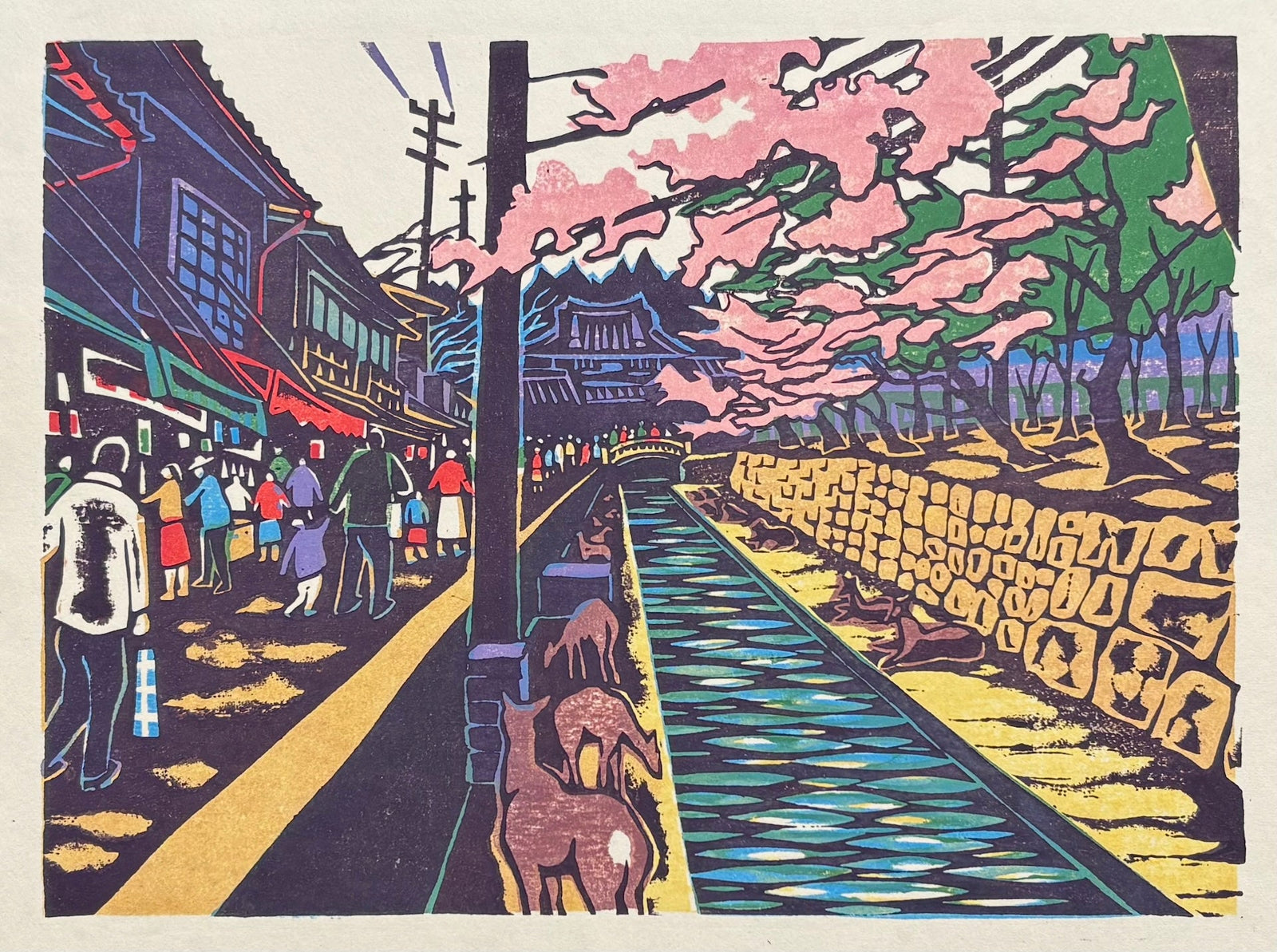  - Cherry Blossoms and Deer Along the Canal, Miyajima - Osamu Ueda - SAKURA FINE ART