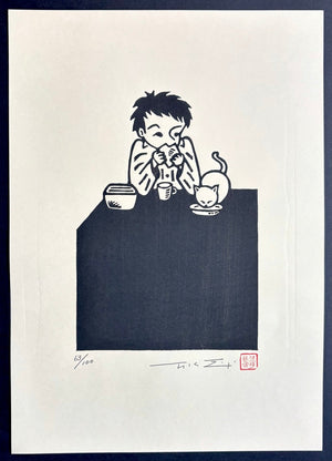  - Lunchtime with His White Cat - Takashi Ohno - SAKURA FINE ART