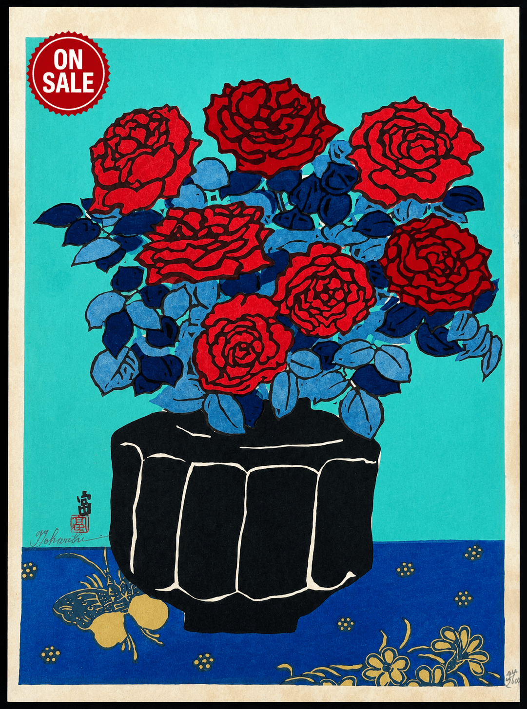 - Red Roses in a Vase - Limited Edition - Tomikichiro Tokuriki - SAKURA FINE ART
