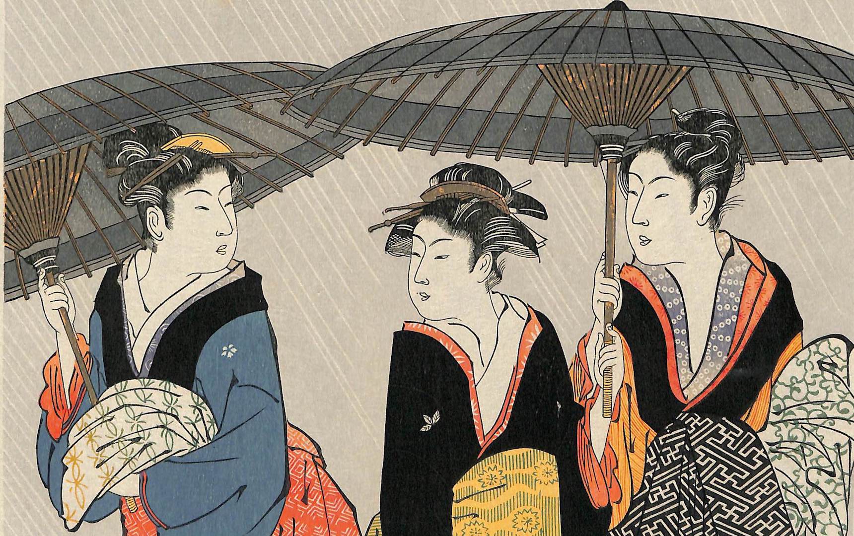 - Uchu Yugaeri from the series, Fuzoku Azuma no Nishiki (Three Beauties in the Rain from the Current Manners in Eastern Brocade) -