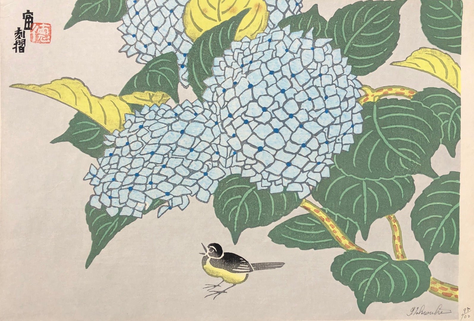  - Ajisai to Kotori (Small Bird and Hydrangea) - Tomikichiro Tokuriki - SAKURA FINE ART