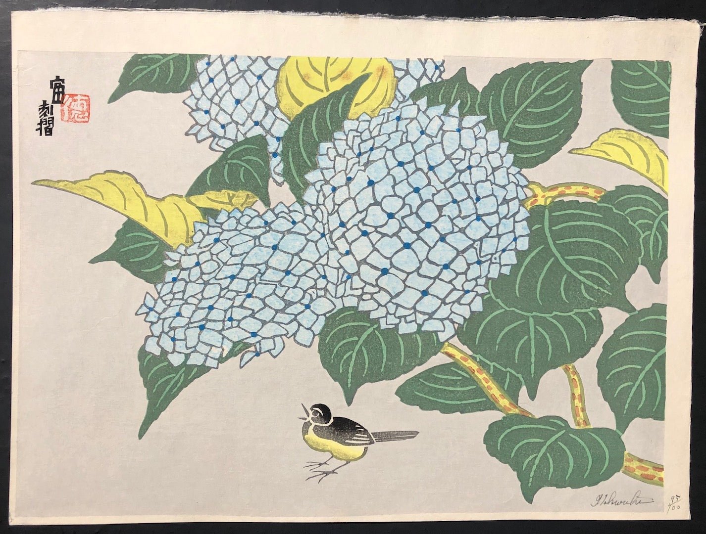  - Ajisai to Kotori (Small Bird and Hydrangea) - Tomikichiro Tokuriki - SAKURA FINE ART