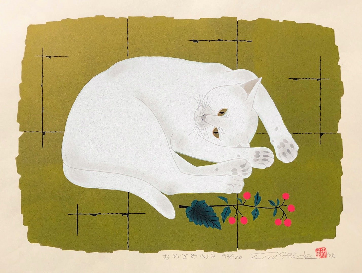  - Omezame 5, Shiro (Wake up - 5, White cat) - Tadashige Nishida - SAKURA FINE ART